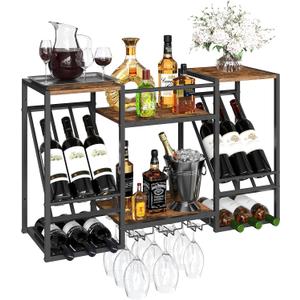 HOOBRO Wine Rack Wall Mounted, 3 Tier Wall Wine Rack with Glass Holder, Wine Bottles Display Storage Shelf, for Home Bar Dining Room, Kitchen, Living Room, Rustic Brown and Black BF23BJ01