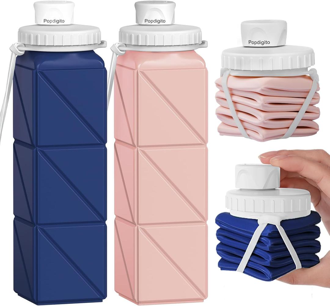 Popdigito Collapsible Water Bottles 2 Pack Compact Portable,Leakproof,Bpa-Free Silicone Bottles For Travel,Hiking,Camping,Gym,Outdoor Sports.Curable,Lightweight,Reusable For On-The-Go Hydration (Light Pink+Dark Blue)