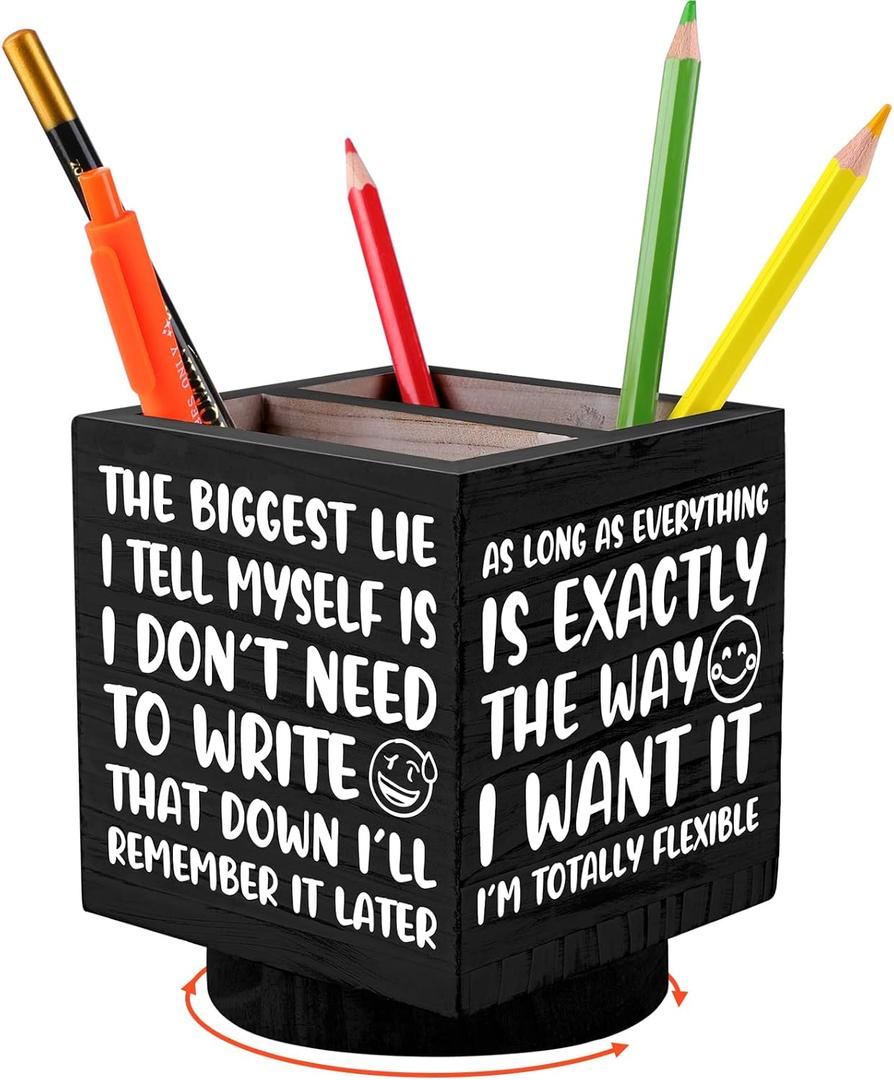 Outus Wooden Spinning Pen Holder for Desk I'll Remember It Later Pencil Holder Cute Organizer Funny Desk Decor Pencil Case Art Supply Storage Box for Home Office (Black)