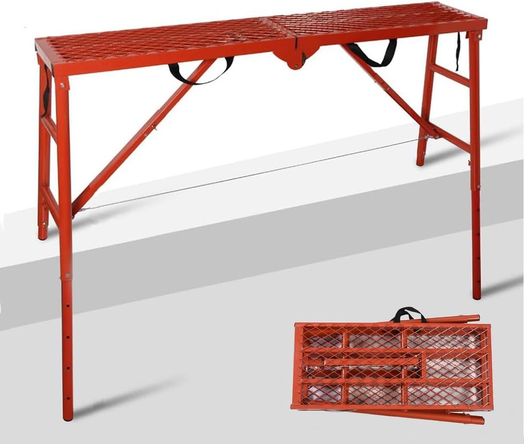 LEADALLWAY Scaffolding Platform 58''(L) x11''(W) x30''(H) Folding Adjustable Scaffolding for Stairs Portable Work Platform Ladder 770 LBS Capacity,Red