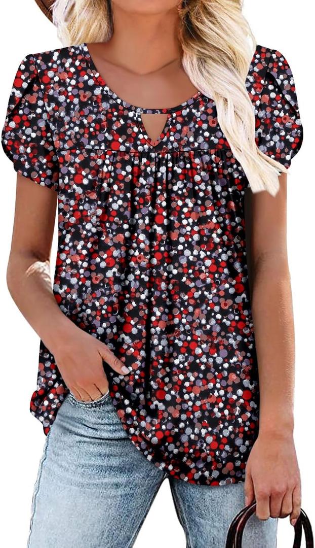onlypuff Womens T Shirts Short Sleeve Pleated Floral Tunic Tops Dressy Casual Crew Neck Summer Boho Tops Blouses (L)