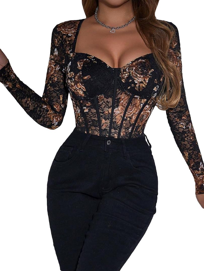 SweatyRocks Women's Sheer Floral Lace Long Sleeve Bodysuit Tops Sweetheart Neck Jumpsuit (Medium, Black)