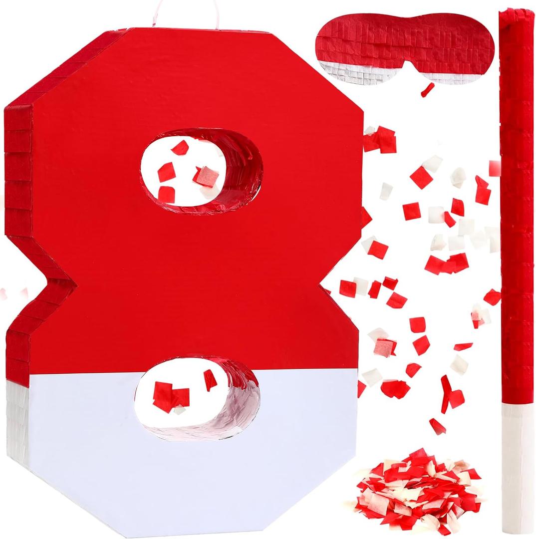 Poen Number 8 Piata with Batting Stick Eye Mask and Confetti Red and White Piata for Kids Boys Girls Birthday Anniversary Celebration Decorations Party Supplies, 16 x 11 x 2.8 Inches