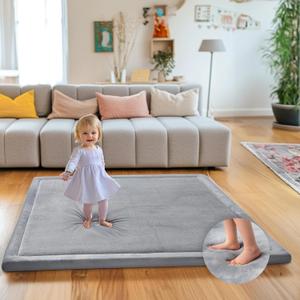 Mallify Ultra Soft 1.3" Thick Baby Play Mat for Floor, Large Velvet 50"x50" Playpen Mat, Baby-Safe & Non-Slip Tummy Time Mat, Crawling Mat for Babies, Toddlers, Infants, Kids, Easy Care,Gray (Grey)