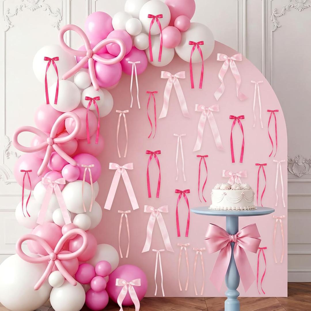 168 Pcs Pink Bows and Balloon Arch Wall Decoration Kit, DIY Bow Garland, Cute Bow Backdrop Decorations for Women Birthday, Bachelorette Party Decor