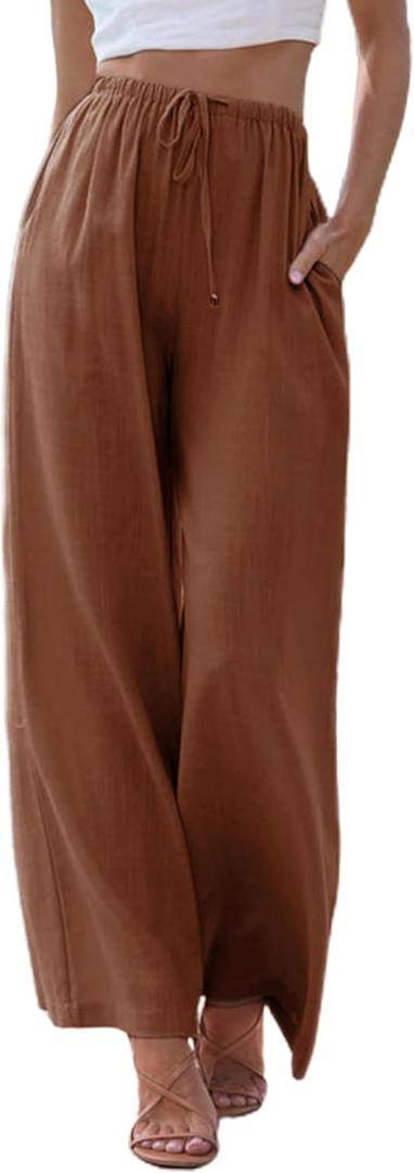 Tanming Wide Leg Linen Pants for Women Summer Flowy High Waisted Beach Palazzo Trousers (Orange, L)