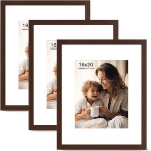 FinalFind 16x20 Picture Frame with Mat for 11x14 Set of 3, Drak Brown Wood Grain 16x20 Frames for Horizontal & Vertical Wall Mounting (3 Pack,Walnut)