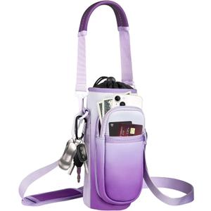 Water Bottle Holder with Strap, Water Bottle Carrier Bag with Phone Pocket, Insulated Neoprene Sleeve for 32/40 oz Water Bottles, Shoulder Hand Strap for Walking, Hiking, Camping, Gym (under 32oz, 9 White/Purple Gradient)