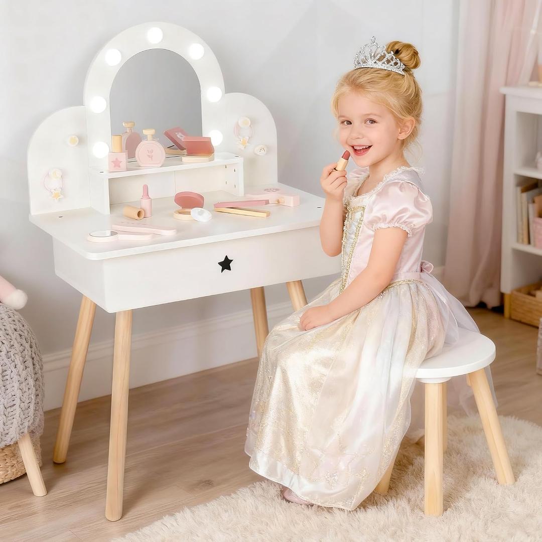 Leeshyah Kids Vanity Set for Little Girls with Touch-Button 3-Color Light Mirror, Wooden Pretend Play Makeup Table with 11 Accessories, Toddler-Sized Beauty Desk for Ages 3+, 14 inches x 21.7 inches x 34.6 inches