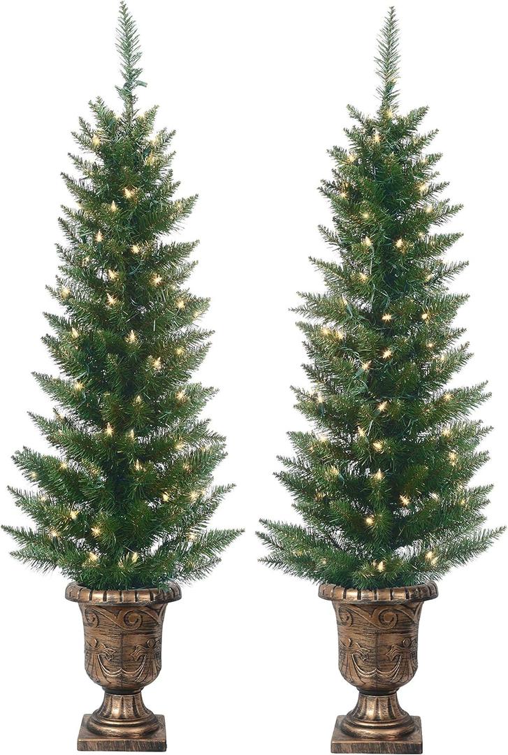 Set of 2 Lighted Pre-Potted 4 Foot Artificial Cedar Topiary Outdoor Indoor Trees - Set of 2 - Battery Operated with Timers Set of 2 Lighted Pre-Potted 4 Foot Artificial Cedar Topiary Outdoor Indoor Trees - Set of 2 - Battery Operated with Timers