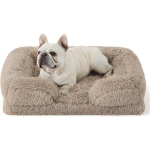 Bedsure Orthopedic Dog Bed for Medium Dogs - Calming Waterproof Dog Sofa Beds Medium, Supportive Foam Pet Couch Bed with Removable Washable Cover, Waterproof Lining and Nonskid Bottom, Taupe (28.0"L x 23.0"W x 6.5"Th, Long Faux Fur-Taupe)
