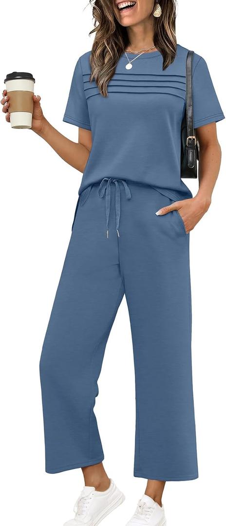 WIHOLL Two Piece Sets for Women Summer Fall Travel Vacation Outfits Short Sleeve Lounge Sets Side Slit Wide Leg Pants S-3XL (Blue, M)