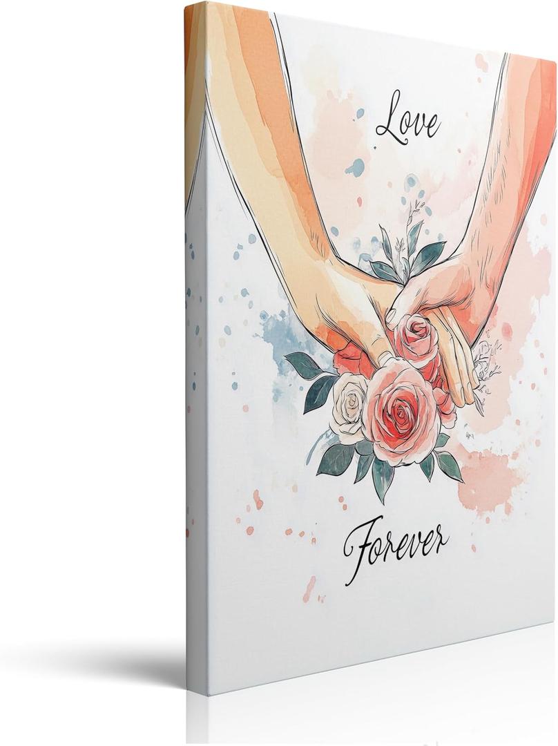 Canvas Wall Art Framed Love Forever Couple Holding Hands Floral Rose Watercolor Romantic Pink Elegant Eclectic Modern Wall Decor for Living Room Romantic Gift for Wife Girlfriend Decor 16x24 Inches
