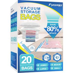 20 Pack Vacuum Storage Bags with Hand Pump, 4 Jumbo + 4 Large + 4 Medium + 8 Small Plastic Packaging Bags, 80% Space Saver Vacuum Seal Bags for Clothing, Travel Lugggage, Blankets, Comforters