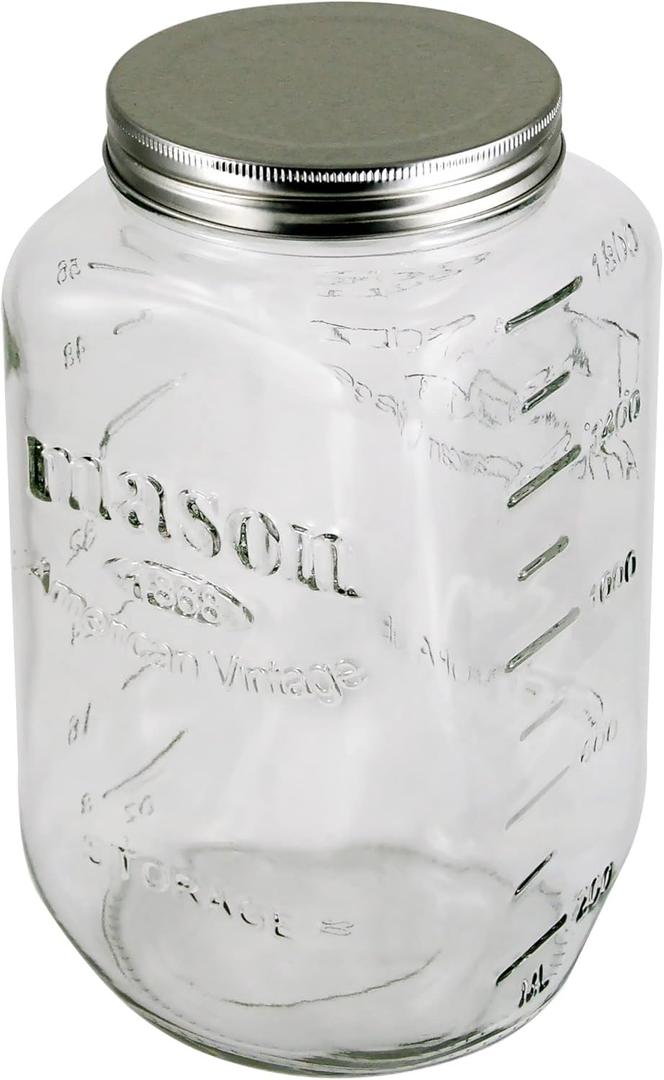 Grant Howard Mason Classics Glass Storage Jar, Metal Emboss Top, 64 Ounces, Food Storage Canning Container, Clear, Clear Lids,Silver, 52147
