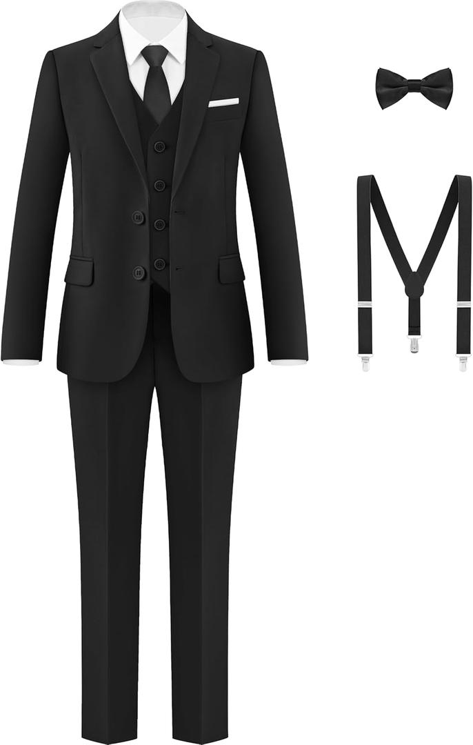 Boys Formal Suits Set, from Toddlers to Teen, Adjustable Waist, with Suspenders, Size 12