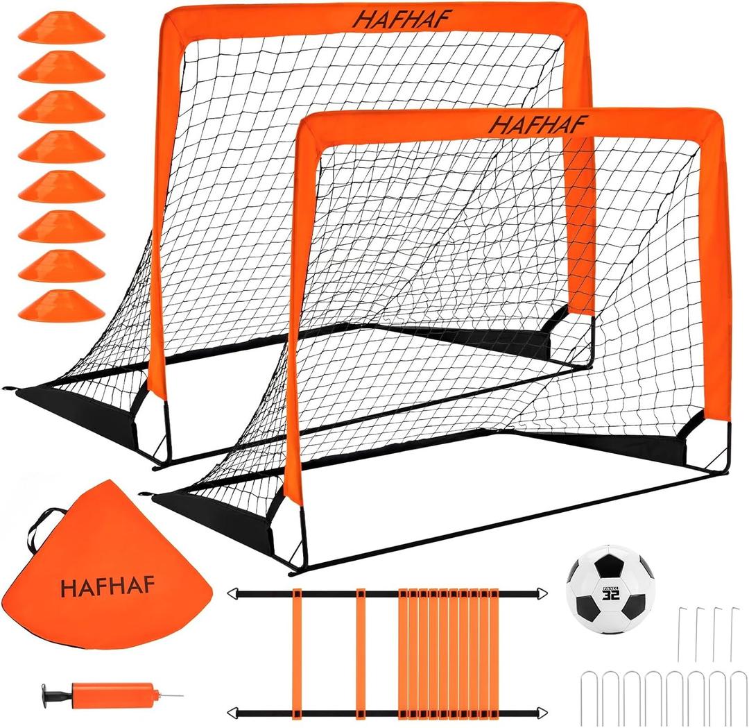 HAFHAF Soccer Goals, 4x3 ft Portable Kid Soccer Goals for Backyard with Ball, Ladder, and Cones Pop Up Soccer Net Soccer Set for Kids Age Youth and Toddler Games, Sports Outdoor Indoor (Orange)