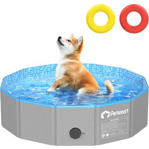 Peteast Foldable Dog Pool with 2 Flying Disks, Durable Hard Plastic Dog Swimming Pools for Large Dogs, Collapsible Pet Pool for Backyard & Indoor, Ideal Kiddie Pools for Dogs and Kids, 32 in