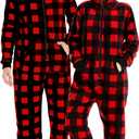 Unisex Adults Buffalo Plaid Onesie Pajamas Hooded Christmas PJS for Family Jumpsuit Thermal with Pockets Zipper (Small, Black+Red)