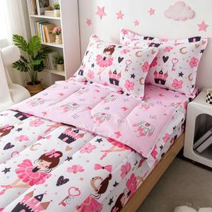 lishjekee Kids Zipper Bedding Twin 4 Pieces Pink Ballet Girls Comforter Cute Flower Bedding Set Zip Up Bed in A Bag Kawaii Stars Castle Bed Sets with Fitted Sheet Pillowcases Home Decor