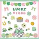 112Pcs St. Patricks Day Bulletin Board Classroom Decoration Lucky Vibe Cutouts Shamrock Clover Gold Coin Sticker Name Tags School Home Party Supplies Classroom Chalkboard Wall Door Decor