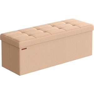 SONGMICS Mazie Collection - Storage Ottoman Bench, 43 Inches Folding Foot Rest Stool, End of Bed Bench, Easy Assembly, for Living Room, Bedroom, Entryway, Apricot Orange ULSF077O01