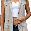 Koodred Women's Casual Military Utility Vest Lightweight Sleeveless Drawstring Jackets with Pockets (Beige), L