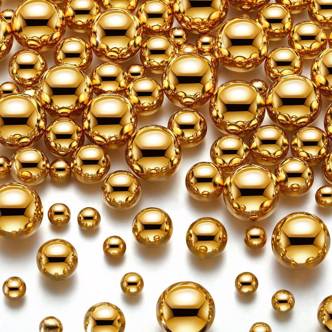 Junkin 500 Pcs Vase Filler Faux Pearls Vase Makeup Beads Bulk No Hole Gloss Pearl Beads Mixed Sizes Round Pearls for Wedding Home Table Birthday Decoration, 8/14/20 mm (Gold)