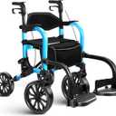 Foldable Rollator Walker with Seat for Seniors, Lightweight 2-in-1 Rolling Walkers and Wheelchair Combo with Adjustable Handle Height, Transport Chair with Brakes 300 lbs Weight Capacity (Blue-all Terrain(10" Front and 8" Rear Wheels))