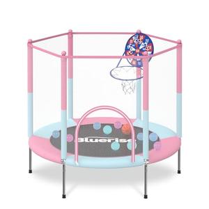 BLUERISE 55IN Toddler Trampoline for Kids Indoor Play for Kids Trampoline Basketball Hoop Attachment with Enclosure Net Easy to Assemble Recreational Trampoline Pink