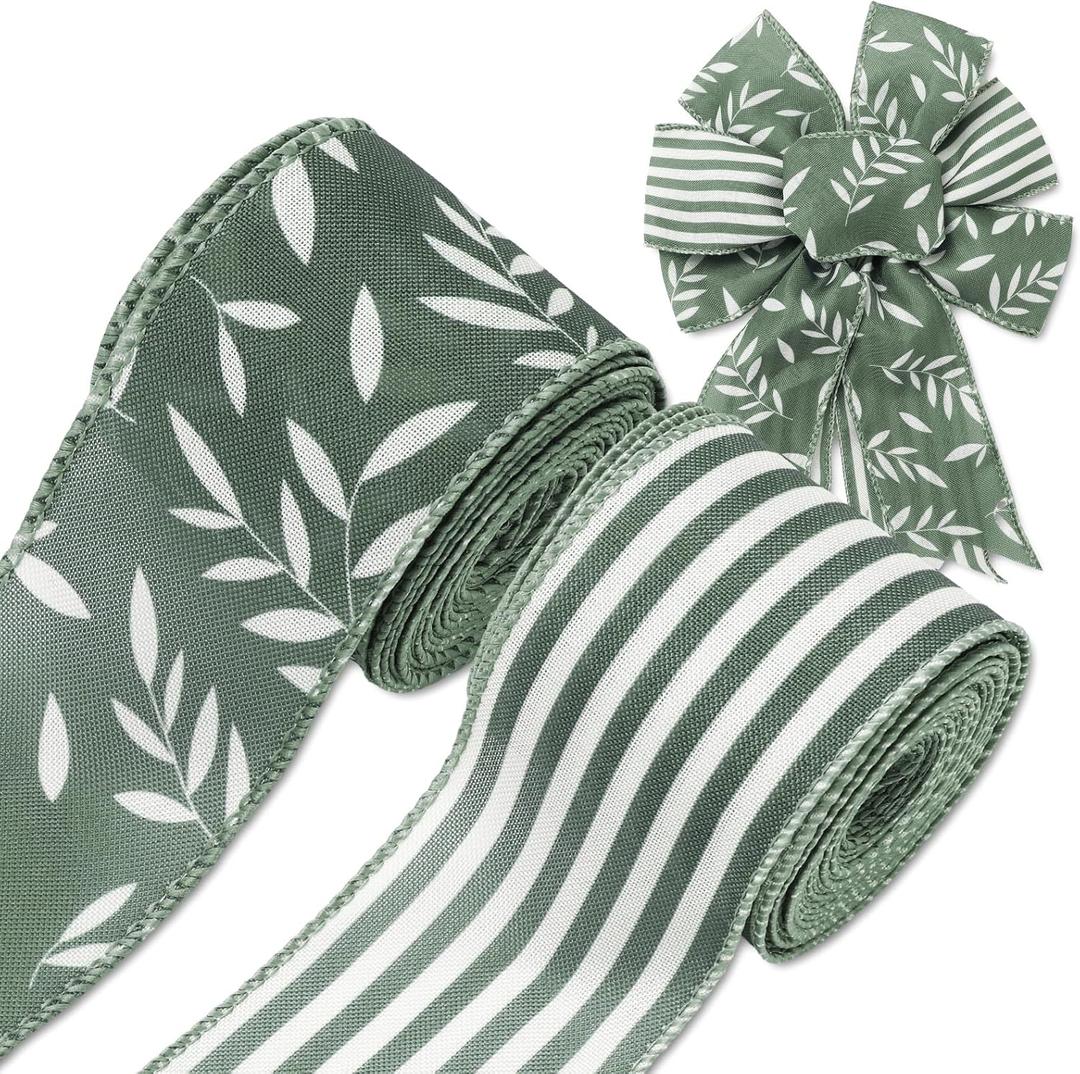 FYSUIMU Vintage Greenery Wired Edge Ribbon Retro Green Leaves Striped Ribbon Botanical Fabric Ribbons for Wreath Bow Making DIY Crafts Wrapping, 2 Rolls, 20 Yard