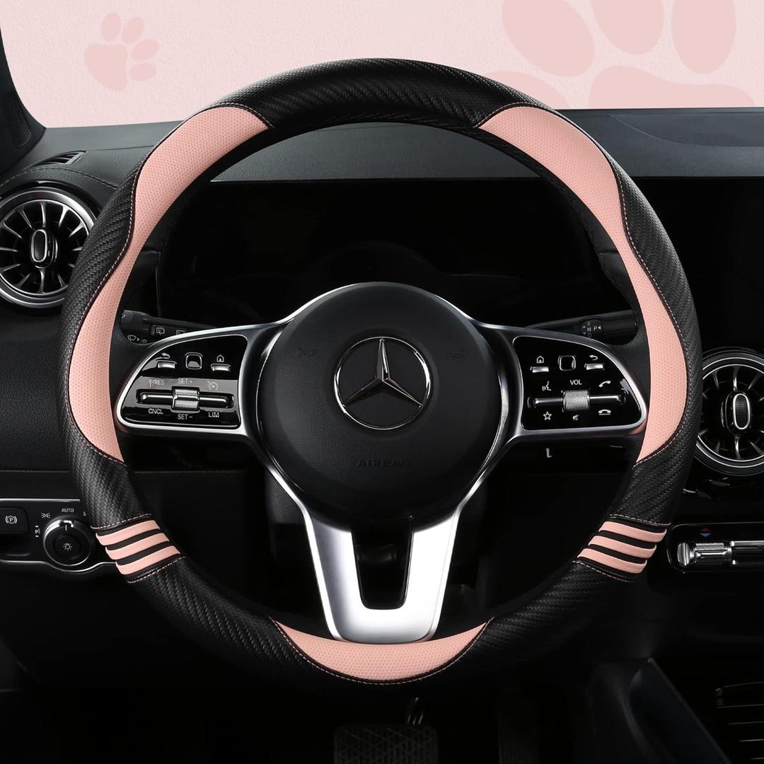 Car Steering Wheel Covers for Women Padded Carbon Fiber PU Leather Cute Auto Interior Accessories for Vehicle, Sedan, Universal, Anti Slip, Pink, Standard Size, 14.75-15.15in