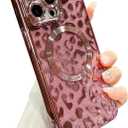 for iPhone 15 Pro Case Magnetic,Soft Cute Luxury Leopard Cheetah Pattern Plating Glitter Bling Phone Case Compatible with MagSafe Clear Shockproof Back Cover for Women Girl 6.1"-Pink