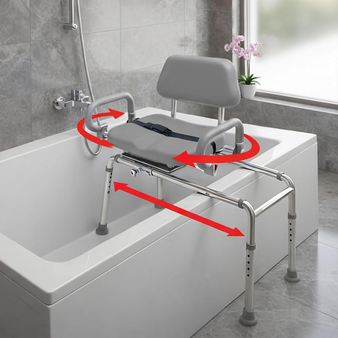 Carousel Sliding Shower Chair Transfer Bench with Swivel Seat, Premium Padded Bath, with Pivoting Arms, Adjustable Space Saving Design for Tubs, Shower, for Handicap & Seniors, Gray