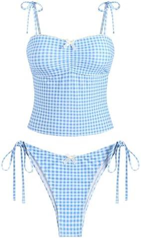 ZAFUL Tankini Swimsuits for Women Mesh Hollow-Out Tank Style Bow Knotted Decor Tie Side High Cut Tankini Set S