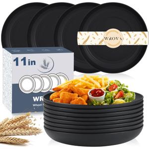 Large Wheat Straw Dinner Plates - 11 Inch Unbreakable Set of 8 - Dishwasher & Microwave Safe, Deep Edge for Kitchen and Camping (Black) (11 Inch large)