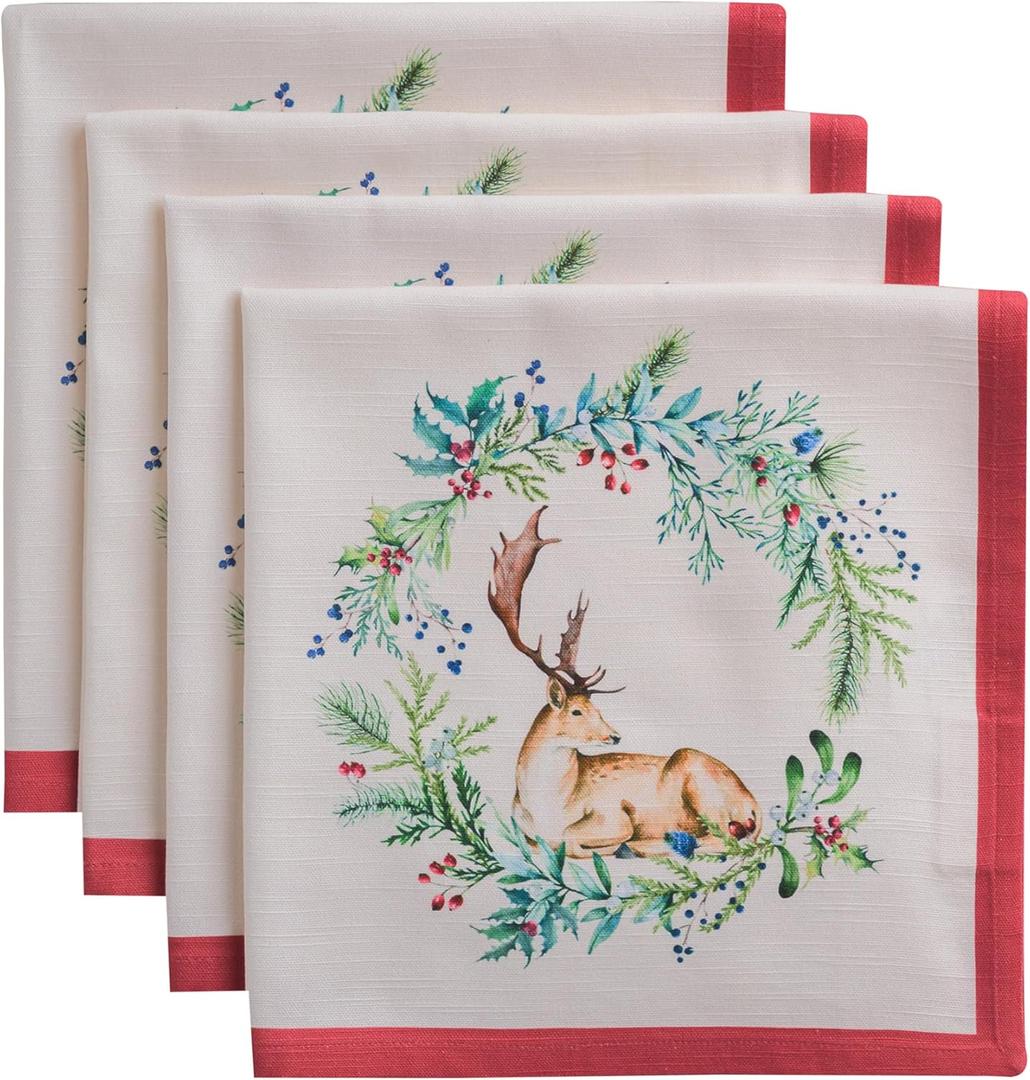 Maison d' Hermine Cloth Napkins Set of 4 100% Cotton for Thanksgiving Christmas Decorations Everyday Reusable Square Fall Napkins Cloth Washable Dinner Party (Holly Time, 20"x20")