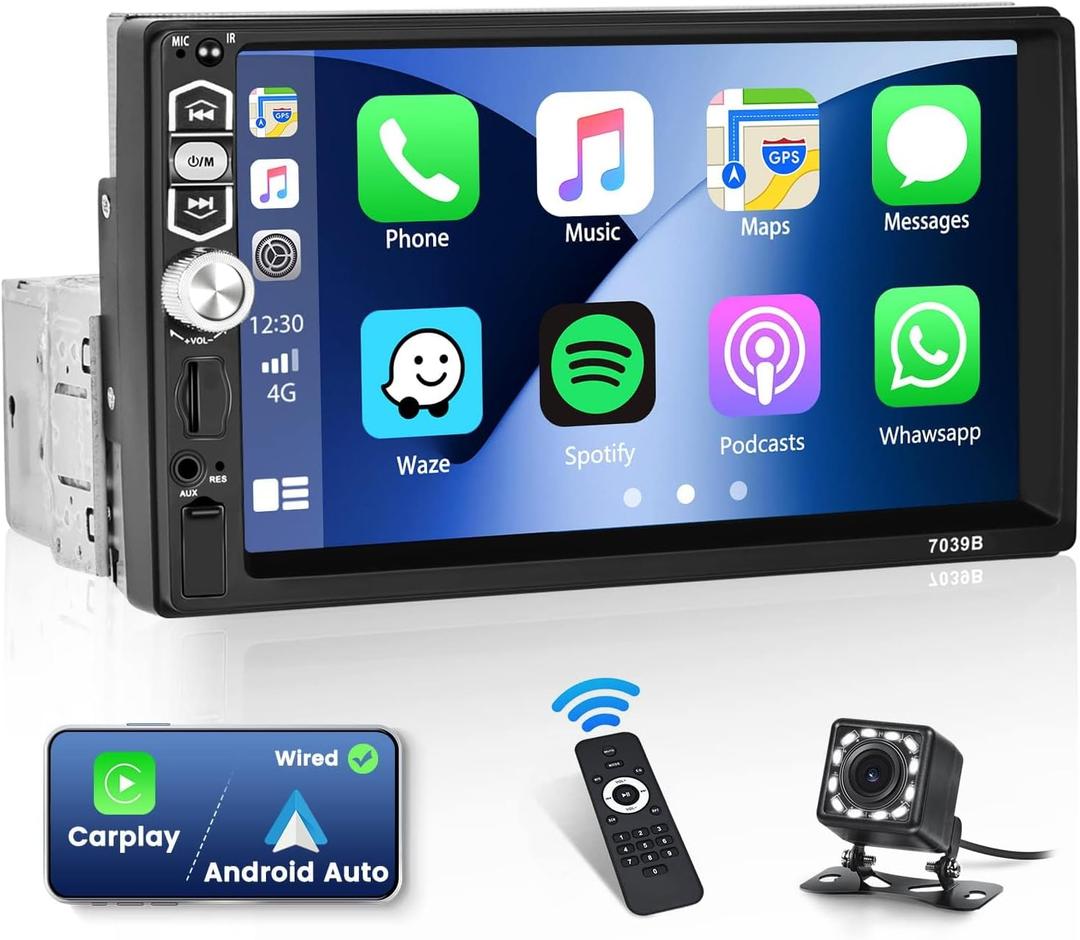 7 Inch CarPlay Single Din Touchscreen Car Radio: Android Auto Car Radio 1 Din with Bluetooth 5.1 AUX USB TF SD Slot FM Radio SWC EQ Backlight Remote Control Phone Link Car Player+Backup Camera