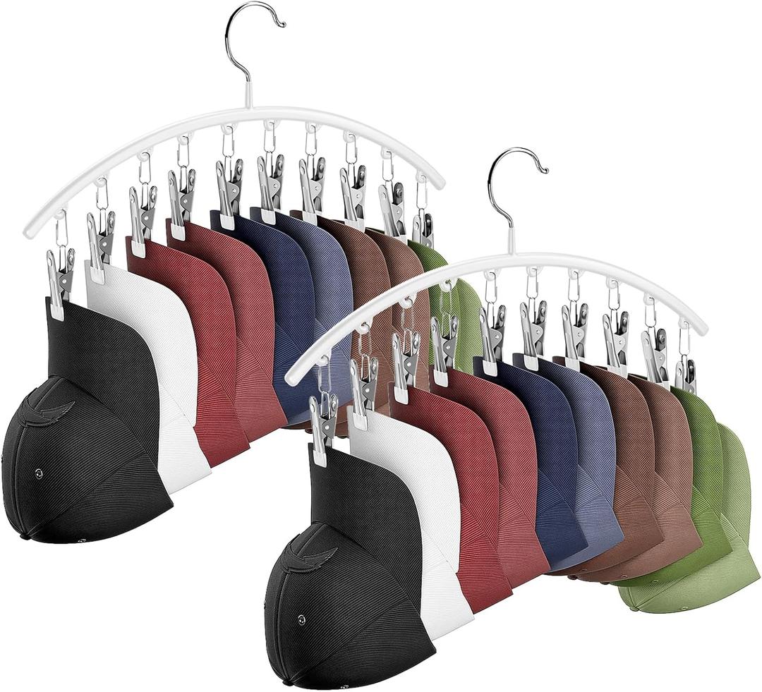 Hat Hangers for Closet, Metal 2 Pack Hat Organizer Holder for Hanger Closet Display, Hat Racks for Baseball Caps w/10 Clips, Hat Holder for Ball Caps & Accessories, for Men Women, White