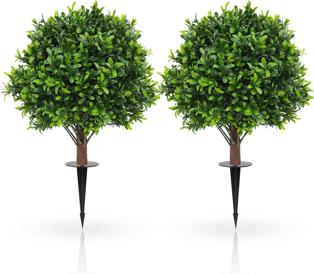 JTING' CHOISIR Set of 2 Artificial Boxwood Topiary Ball Trees with Ground Spike, 26 Inches UV Resistant Fake Plant Bushes Shrubs, for Indoor Outdoor Front Porch Garden (Boxwood)