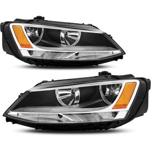 APSVE Headlights Assembly Compatible with 2011-2018 VW Jetta MK6 Halogen Headlamp Head light w/o DRL, Chrome Housing amber Side