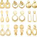 FIBO STEEL Gold Plated Clip on Earrings for Women Non Pierced Drop Dangle Clip on Earrings - Chunky Fashion Accessories Big Rectangle Geometric Statement Clip Earring Set