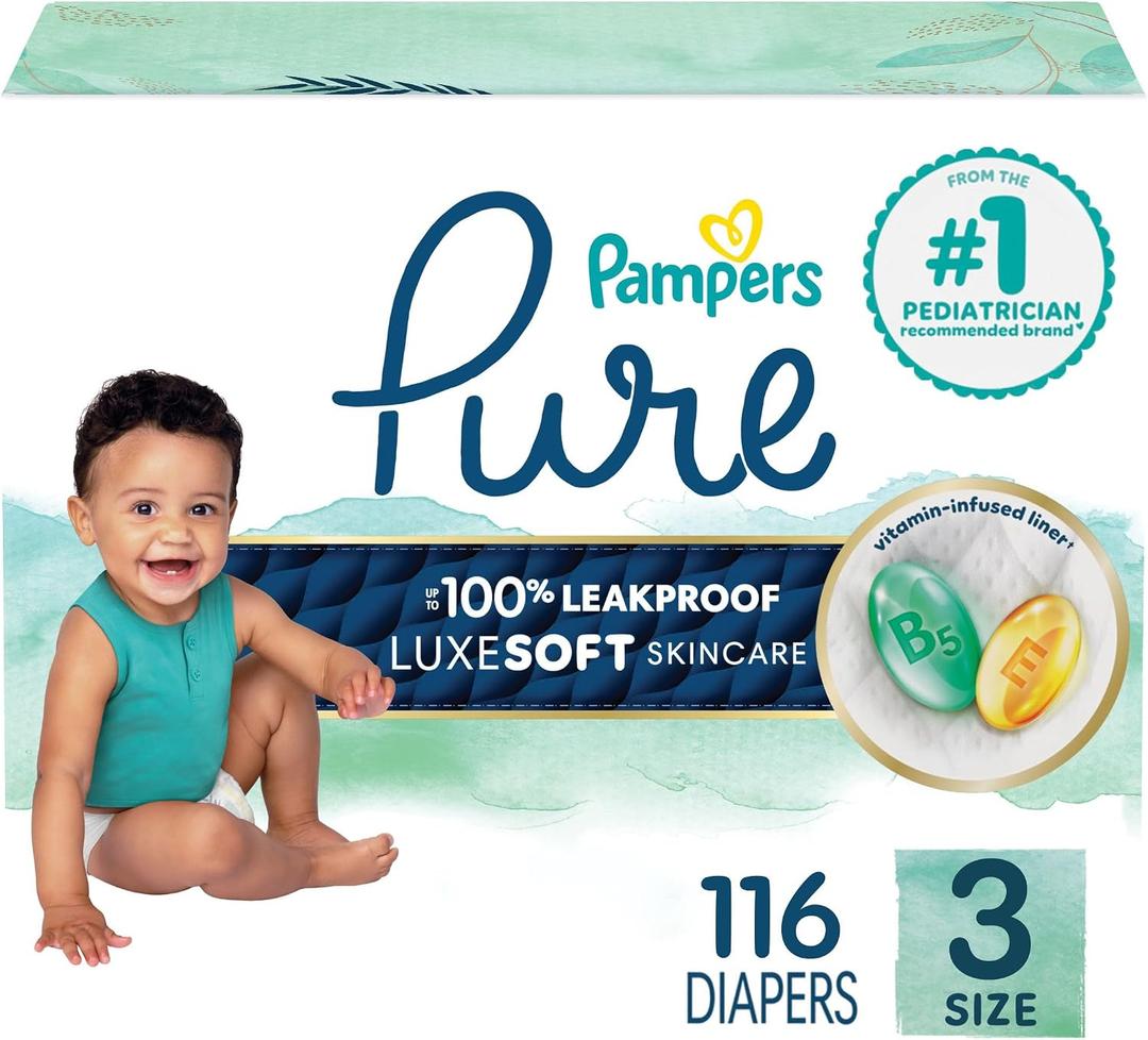 Pampers Pure Baby Diapers, Size 3 (16-28 lbs), 116, Up to 100% Leakproof, Premium Hypoallergenic Soft Diapers