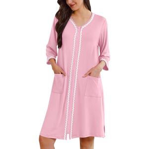 Ekouaer Zipper Robes for Women 3/4 Sleeves Lightweight House Coat Zip Up Bathrobe Soft Nightgown with Pockets Size: X-Large(Pink)