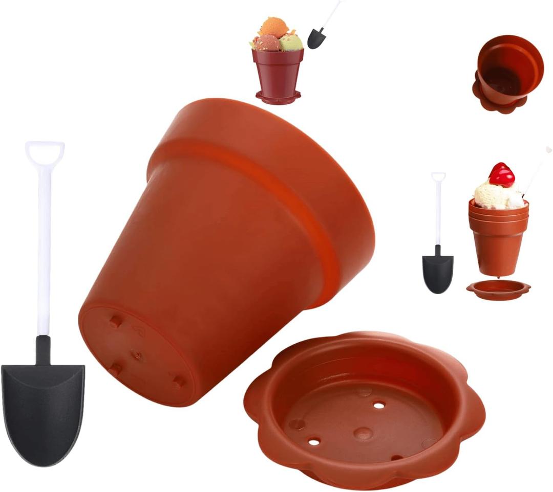 20 Pack Flowerpot Dessert Cups, Shovel, Spoon, Bottom Tray - Small Flower Pot Cups, Mini Flowerpot Cake Desserts Cups Ice Cream,Yogurt Containers - DIY (Brown,Reusable)