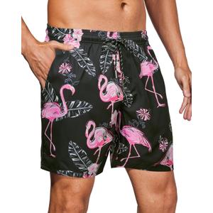 Gleeease 7inch Mens Swim Trunks: with Mesh Liner Pockets Drawstring Quick Dry Stretch Lined Funny Beach Swimming Pool Surf (Medium, Flamingo Black)
