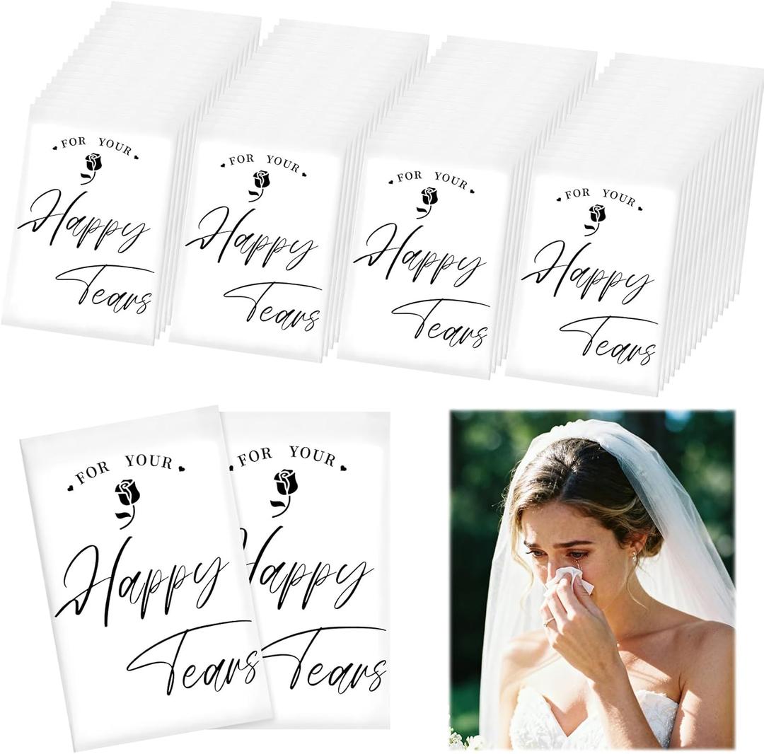 Ocmoiy 100 Pack Happy Tears Tissues for Wedding, 3 Ply Wedding Tissue Packs For Guests, Bulk Individual Facial Pocket Tissues for Wedding Party Favors Travel Graduation Celebration