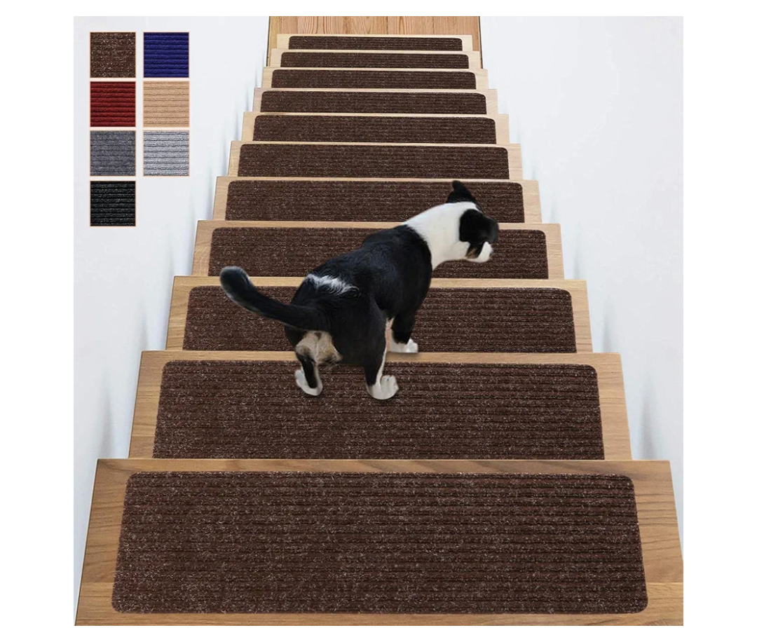 Stair Treads Non-Slip 16 Pack 8"x30" - Carpet Stair Runner for Indoor Wooden Steps with TPE Backing & Anti-Skid Surface, Reusable Adhesive Safety Rug for Kids/Elder/Pet-Friendly - Brown