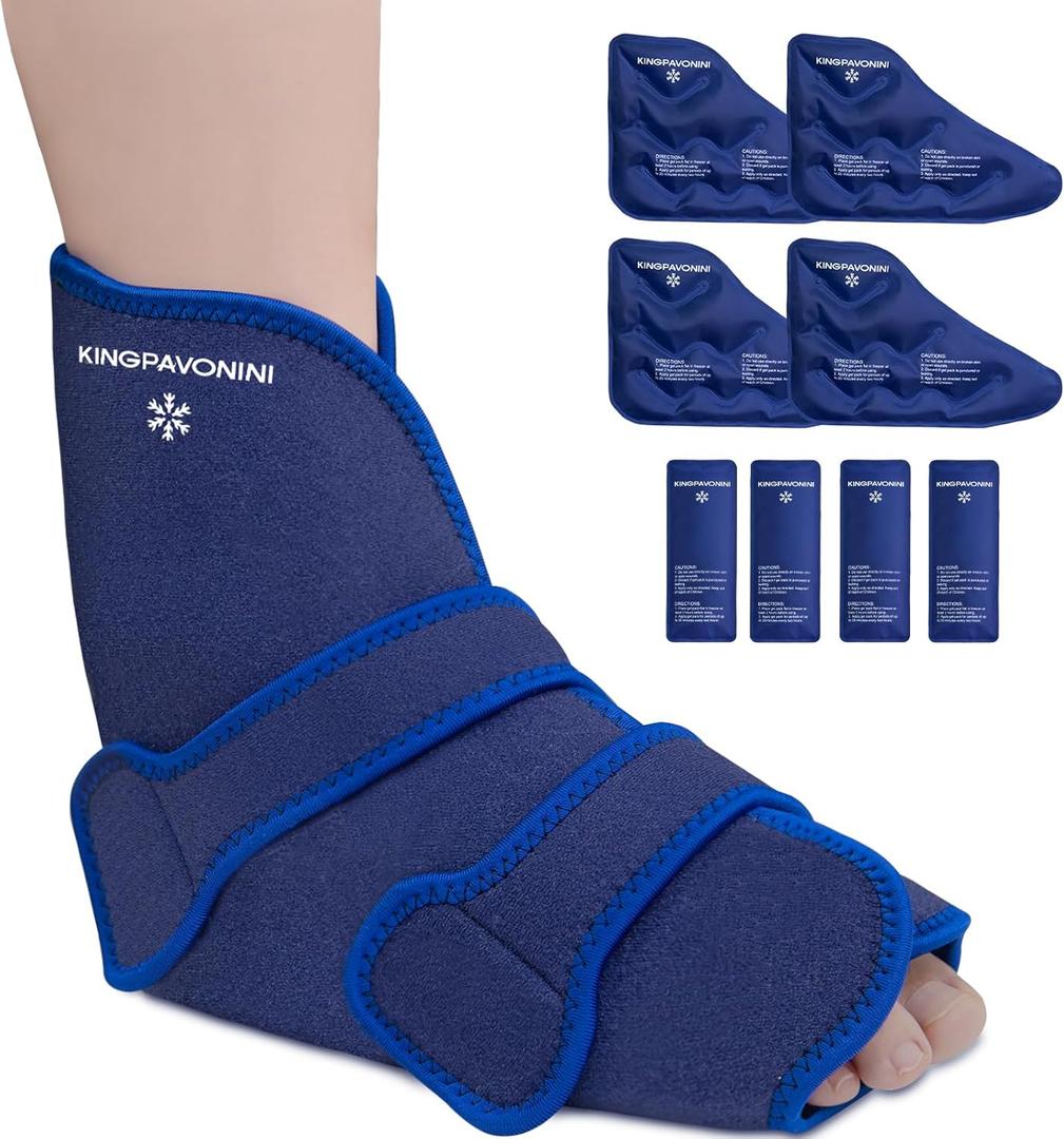 KingPavonini Ankle Foot Ice Pack Wrap for Sprained Ankle/Surgery Recovery, Reusable Gel Ice Packs for Feet Injuries, Plantar Fasciitis, Achilles Tendonitis, Hot/Cold Therapy, XL (1 Wrap+8 Gel Packs)
