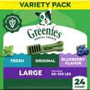 Greenies Large Dental Dog Treats, Mint, Original, & Blueberry, 24 Count | Vet-recommended, Fresh, Original, Blueberry flavors, cleaner teeth in 28 days, for dogs 50-100 lbs, (3) 12 oz. packs, Best By 10/2027